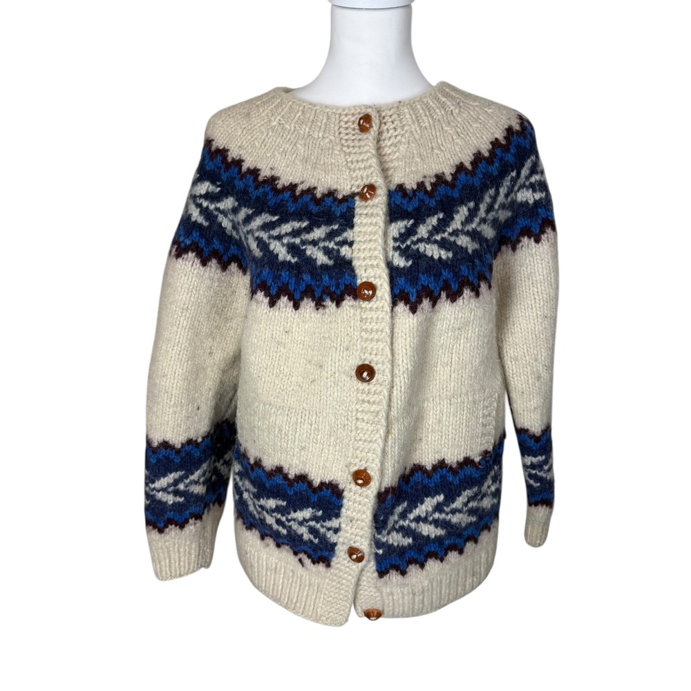 Ecuador Wool Cardigan Sweater Cream Blue Handknit Nordic Button Front Women L